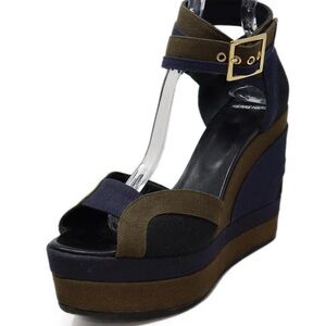 Pierre Hardy Blue and Brown Wedge Sandals with Gold Buckle NWOT